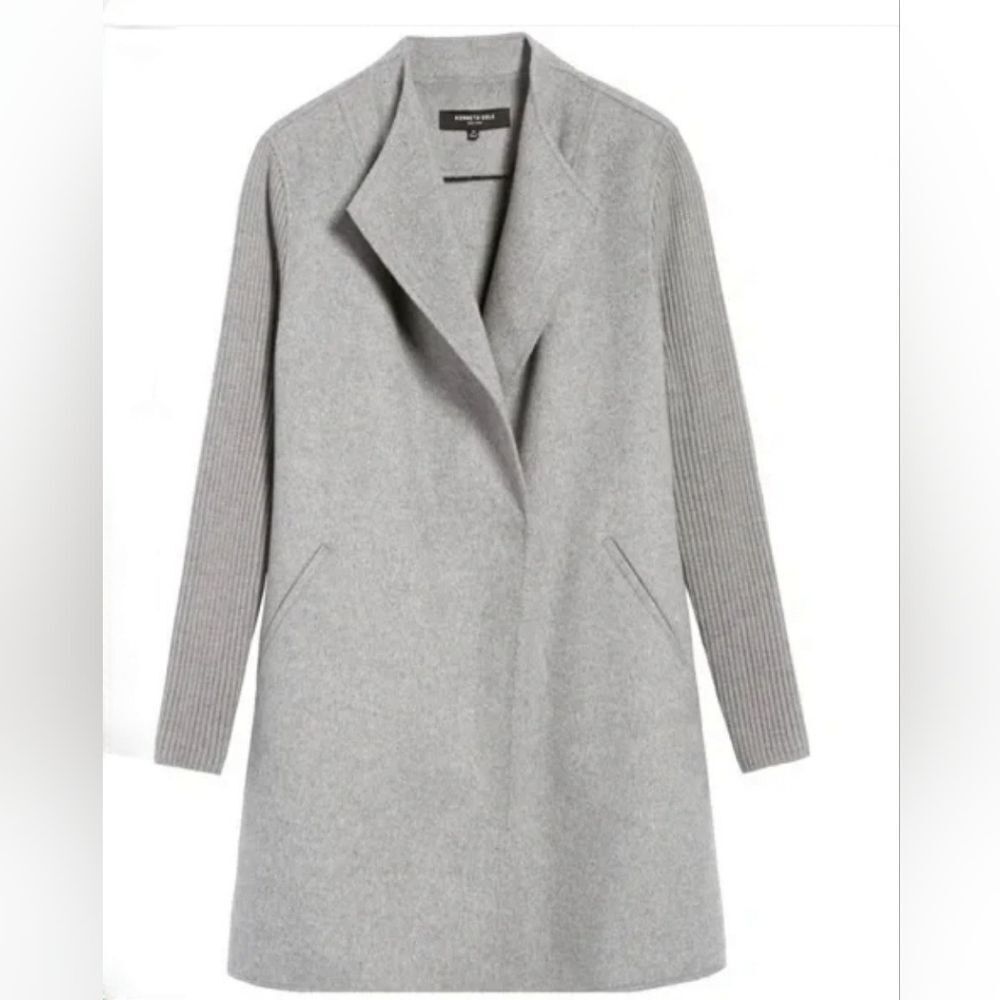Kenneth Cole Wool Blend Gray Coat Knit Ribbed Sleeves Size L